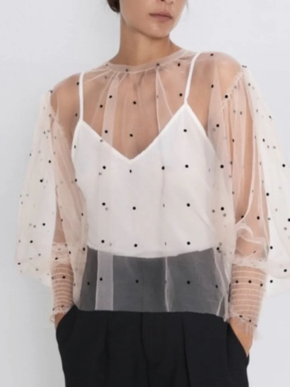 RARE Zara Sheer Polka Dot Mesh Top Emily In Paris Coquette Y2K Out Of Stock - Picture 1 of 9